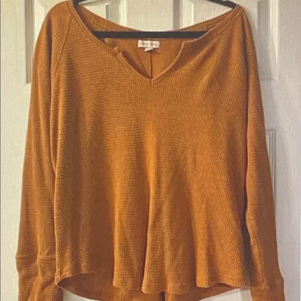 Knox Rose Waffle Knit V-Neck Long Sleeve Top - Mustard Orange